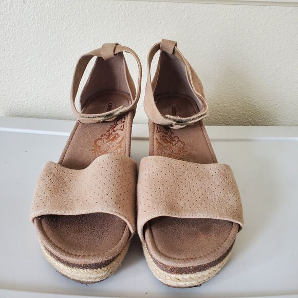 Aetrex Beige Suede Miley Ankle Strap Espadrille Wedge Heeled Sandals Size 9-9.5 - Picture 1 of 16